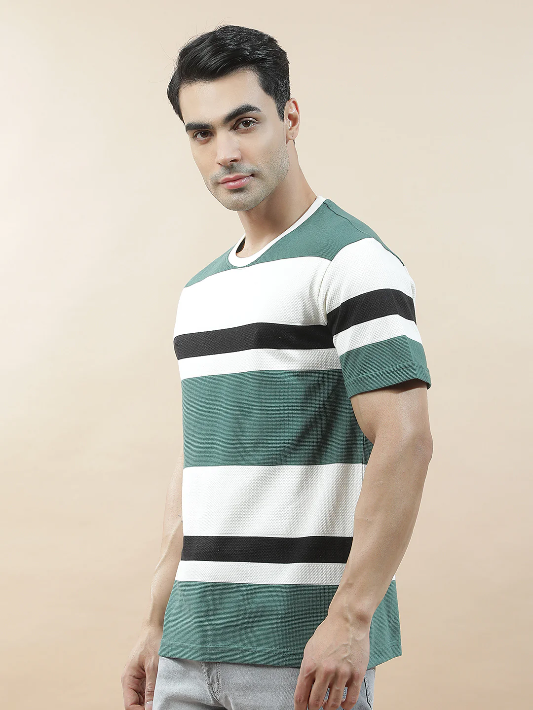 T-Shirt for Men | Breathable & Soft with Color Fastness Regular Fit Round Neck Poly Cotton Fabric Striped Pattern - Image 7
