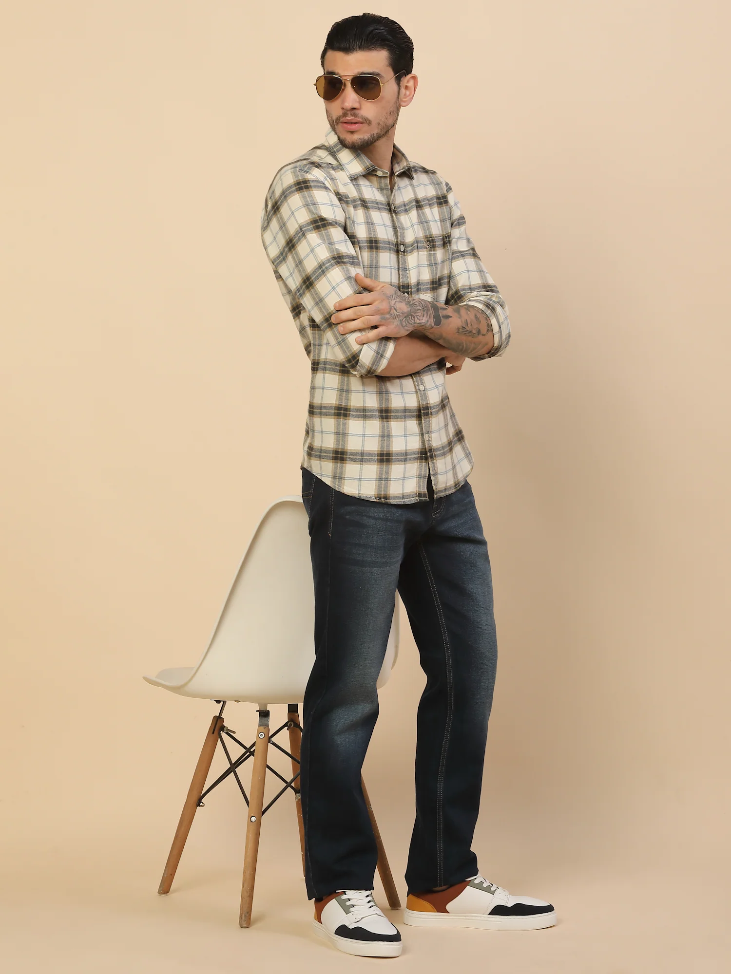 T-Shirt for Men | Breathable & Soft with Color Fastness Regular Fit Spread Collar Pure Cotton Fabric Checkered Pattern - Image 2
