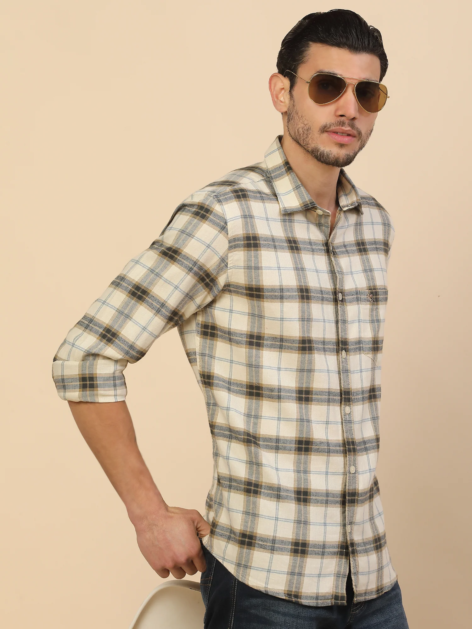 T-Shirt for Men | Breathable & Soft with Color Fastness Regular Fit Spread Collar Pure Cotton Fabric Checkered Pattern - Image 3