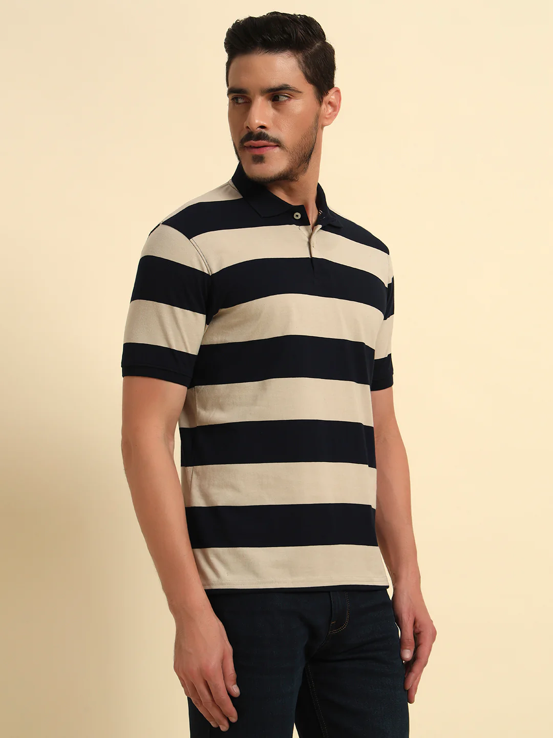 T-Shirt for Men | Breathable & Soft with Color Fastness Regular Fit Polo Neck Poly Cotton Fabric Striped Pattern - Image 5