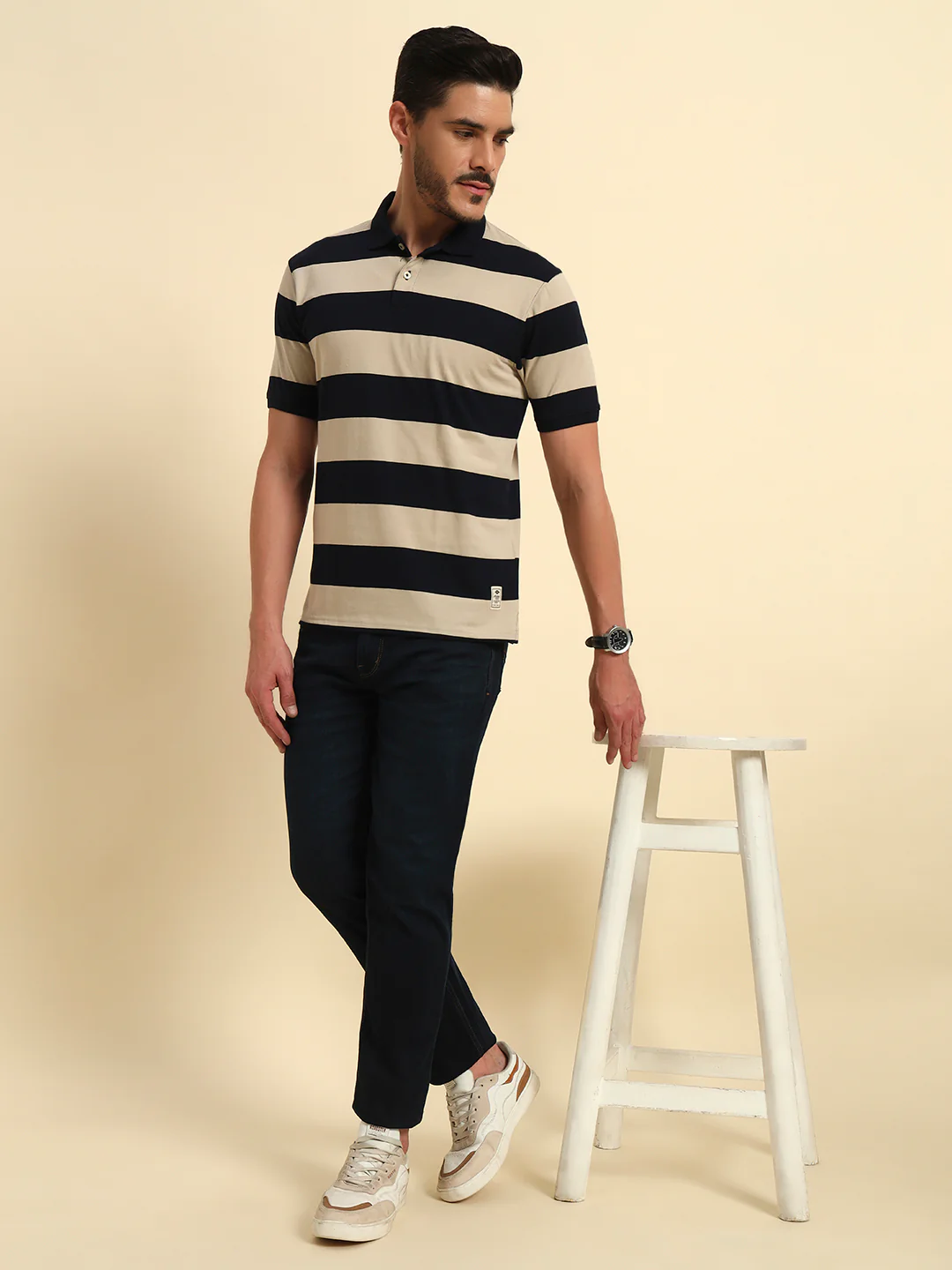 T-Shirt for Men | Breathable & Soft with Color Fastness Regular Fit Polo Neck Poly Cotton Fabric Striped Pattern - Image 7