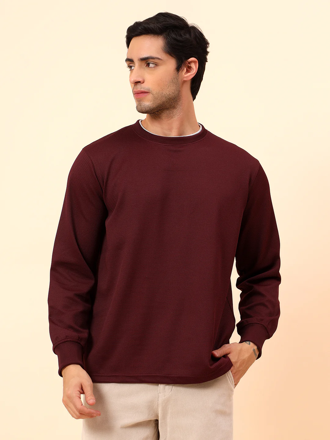 T-Shirt for Men l Breathable & Soft with Color Fastness Regular Fit Poly Cotton Fabric Self Design Pattern - Image 3