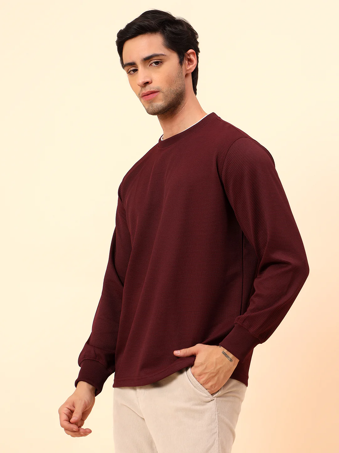T-Shirt for Men l Breathable & Soft with Color Fastness Regular Fit Poly Cotton Fabric Self Design Pattern - Image 4