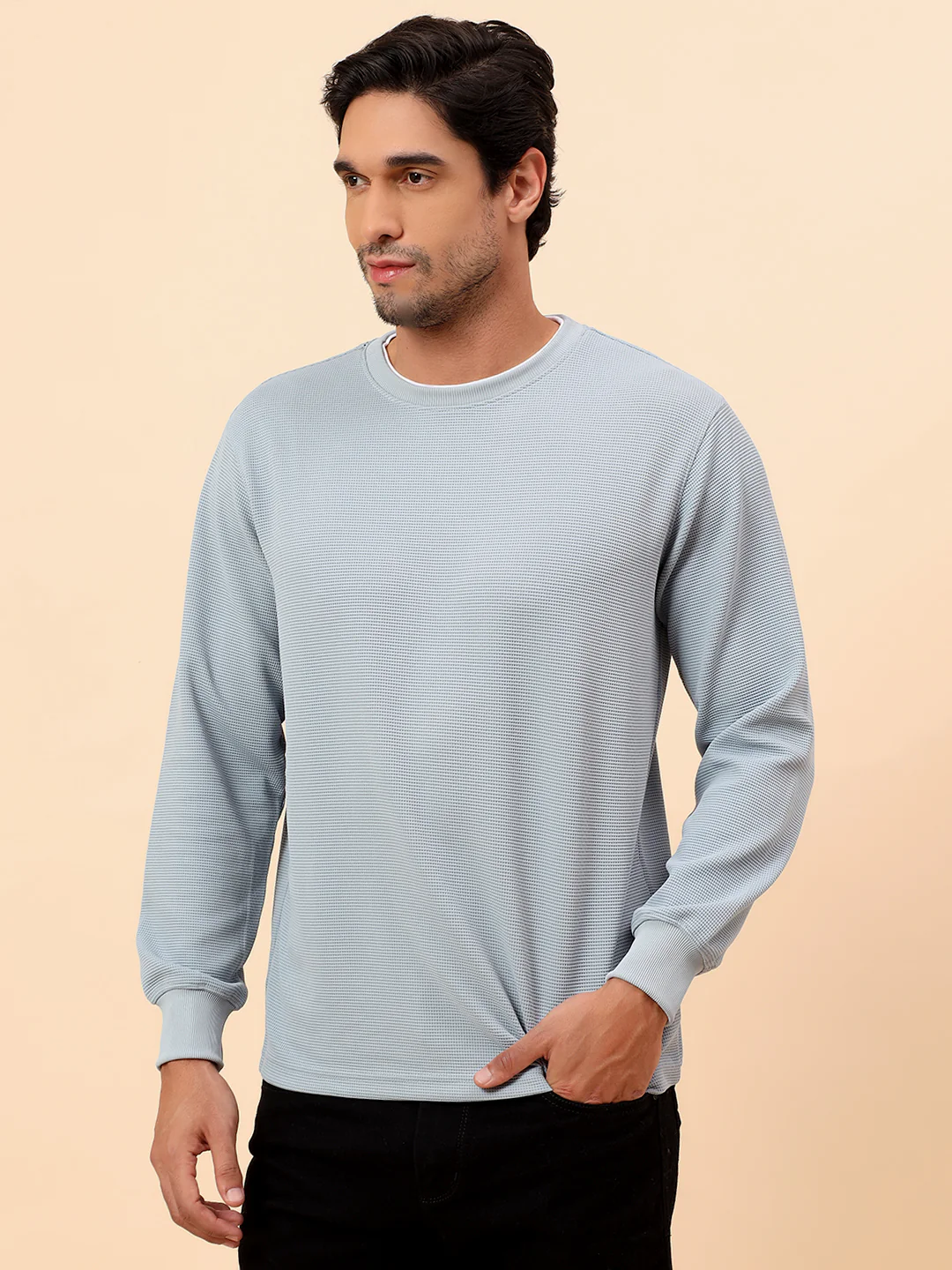 T-Shirt for Men l Breathable & Soft with Color Fastness Regular Fit Poly Cotton Fabric Self Design Pattern - Image 4