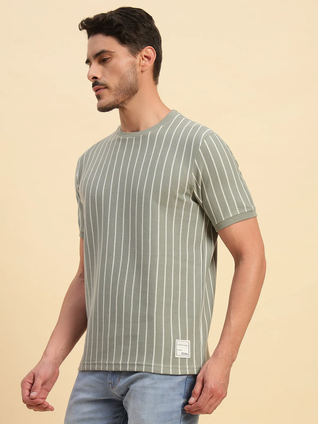 T-Shirt for Men | Breathable & Soft with Color Fastness Regular Fit Round Neck Poly Cotton Fabric Striped Pattern - Image 3