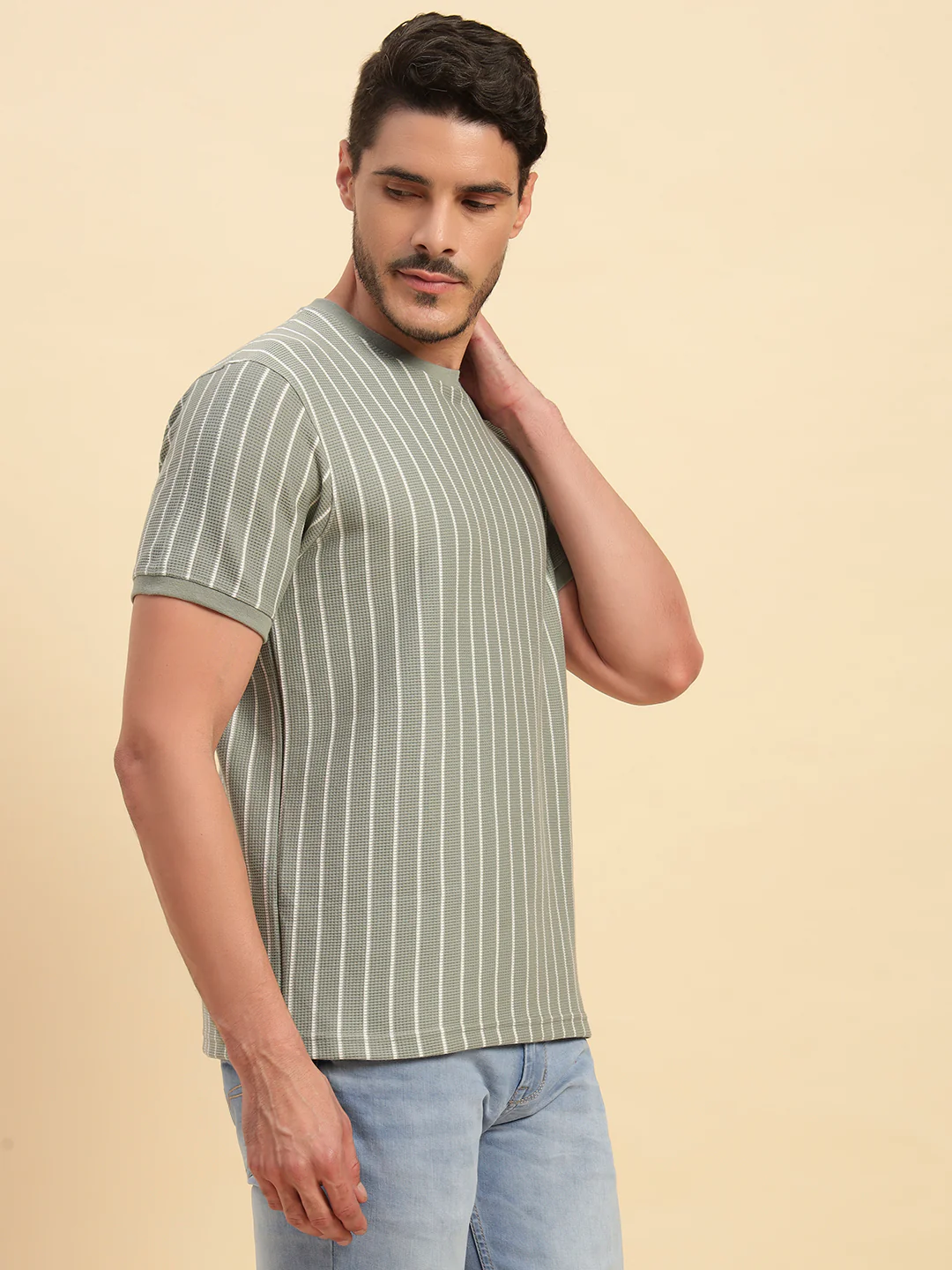 T-Shirt for Men | Breathable & Soft with Color Fastness Regular Fit Round Neck Poly Cotton Fabric Striped Pattern - Image 4