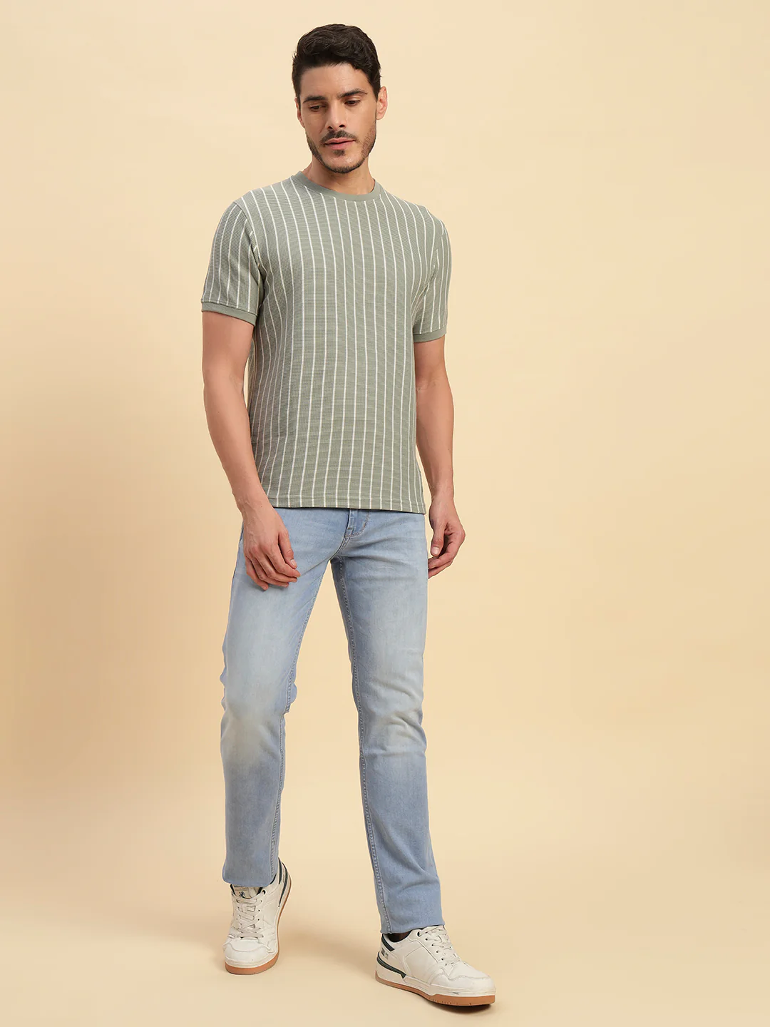 T-Shirt for Men | Breathable & Soft with Color Fastness Regular Fit Round Neck Poly Cotton Fabric Striped Pattern - Image 6