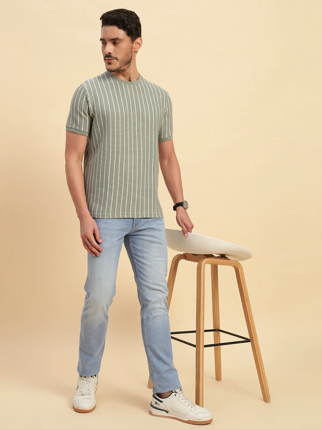 T-Shirt for Men | Breathable & Soft with Color Fastness Regular Fit Round Neck Poly Cotton Fabric Striped Pattern - Image 8