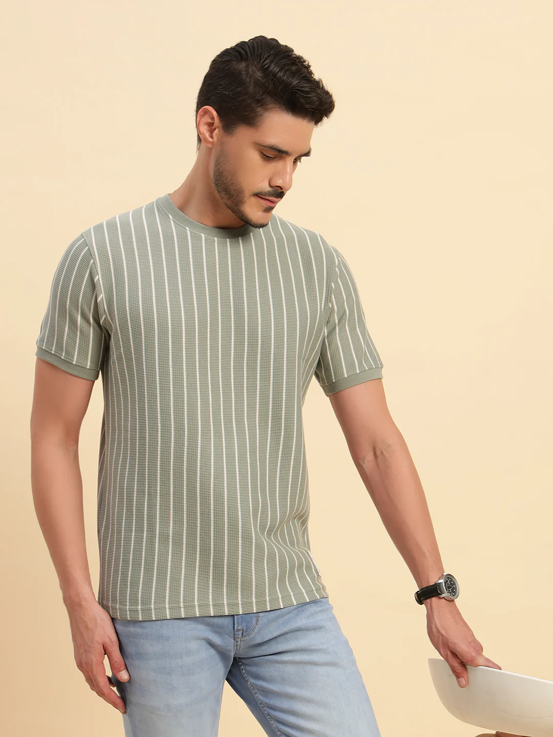 T-Shirt for Men | Breathable & Soft with Color Fastness Regular Fit Round Neck Poly Cotton Fabric Striped Pattern - Image 9