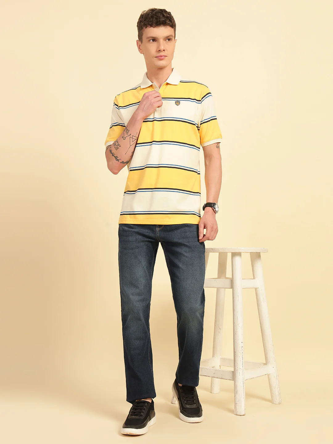 T-Shirt for Men | Breathable & Soft with Color Fastness Regular Fit Polo Neck Poly Cotton Fabric Striped Pattern - Image 9