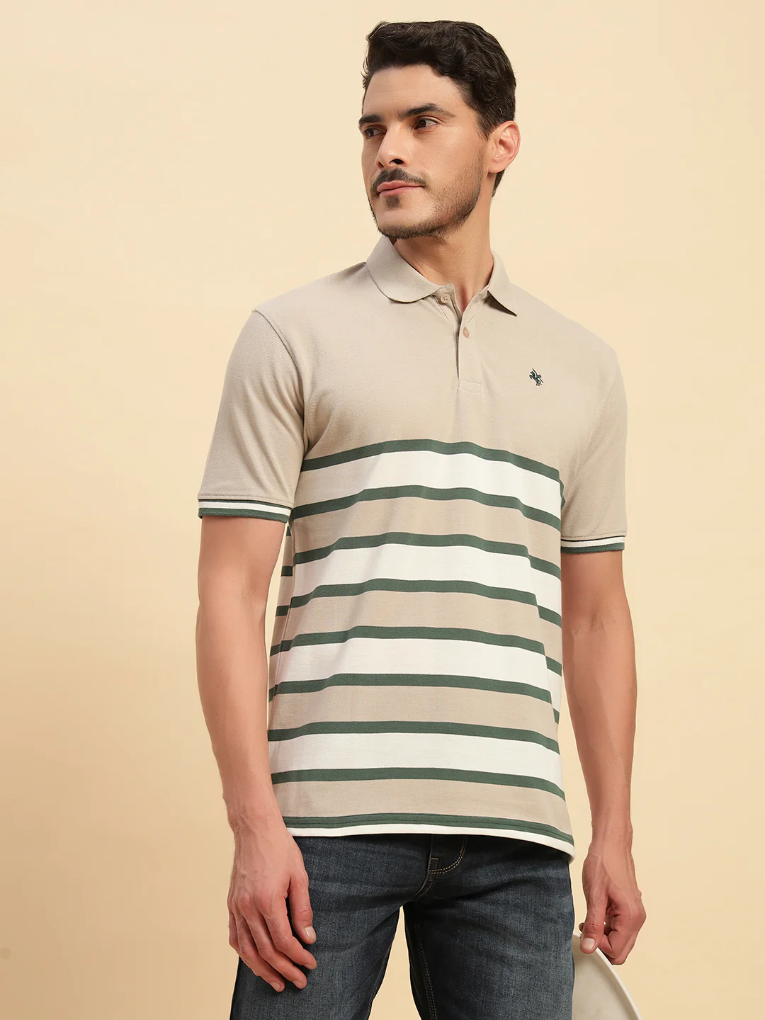 T-Shirt for Men | Breathable & Soft with Color Fastness Regular Fit Polo Neck Poly Cotton Fabric Striped Pattern - Image 2