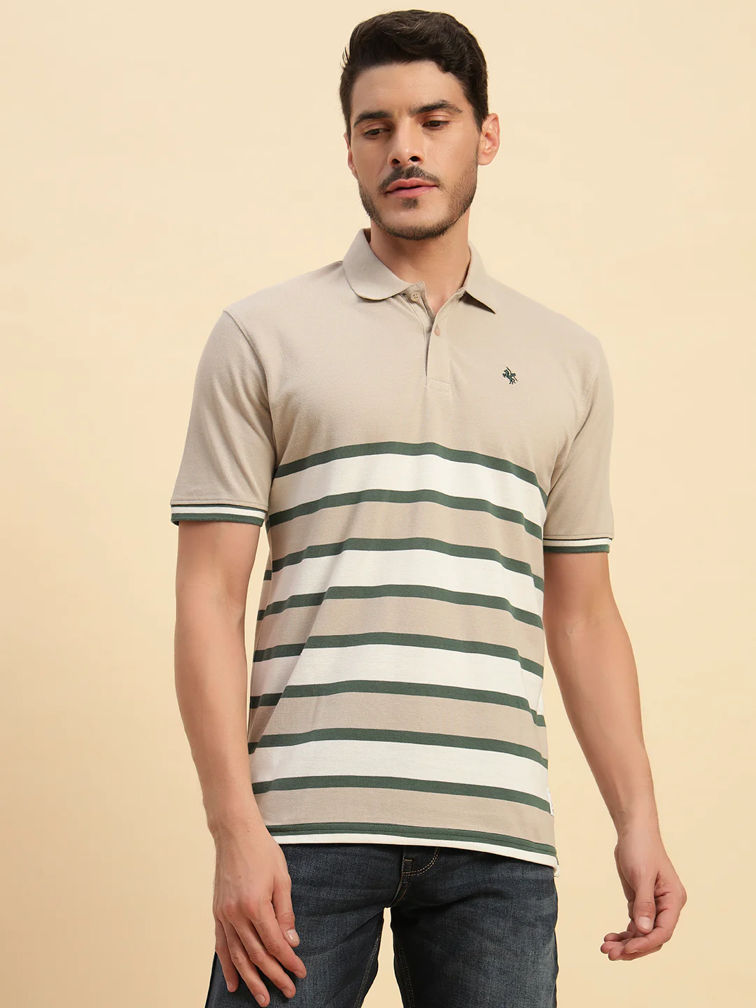 T-Shirt for Men | Breathable & Soft with Color Fastness Regular Fit Polo Neck Poly Cotton Fabric Striped Pattern - Image 5