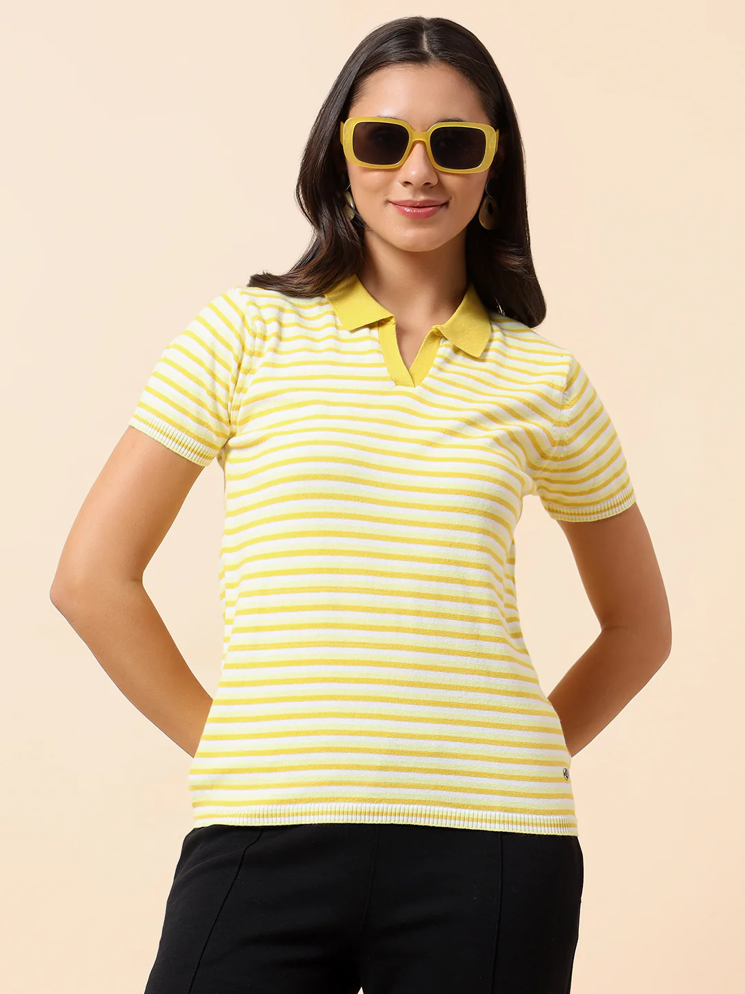 T-Shirt for Women | Breathable & Soft with Color Fastness Regular Fit Polo Neck Cotton Nylon Fabric Striped Pattern - Image 2