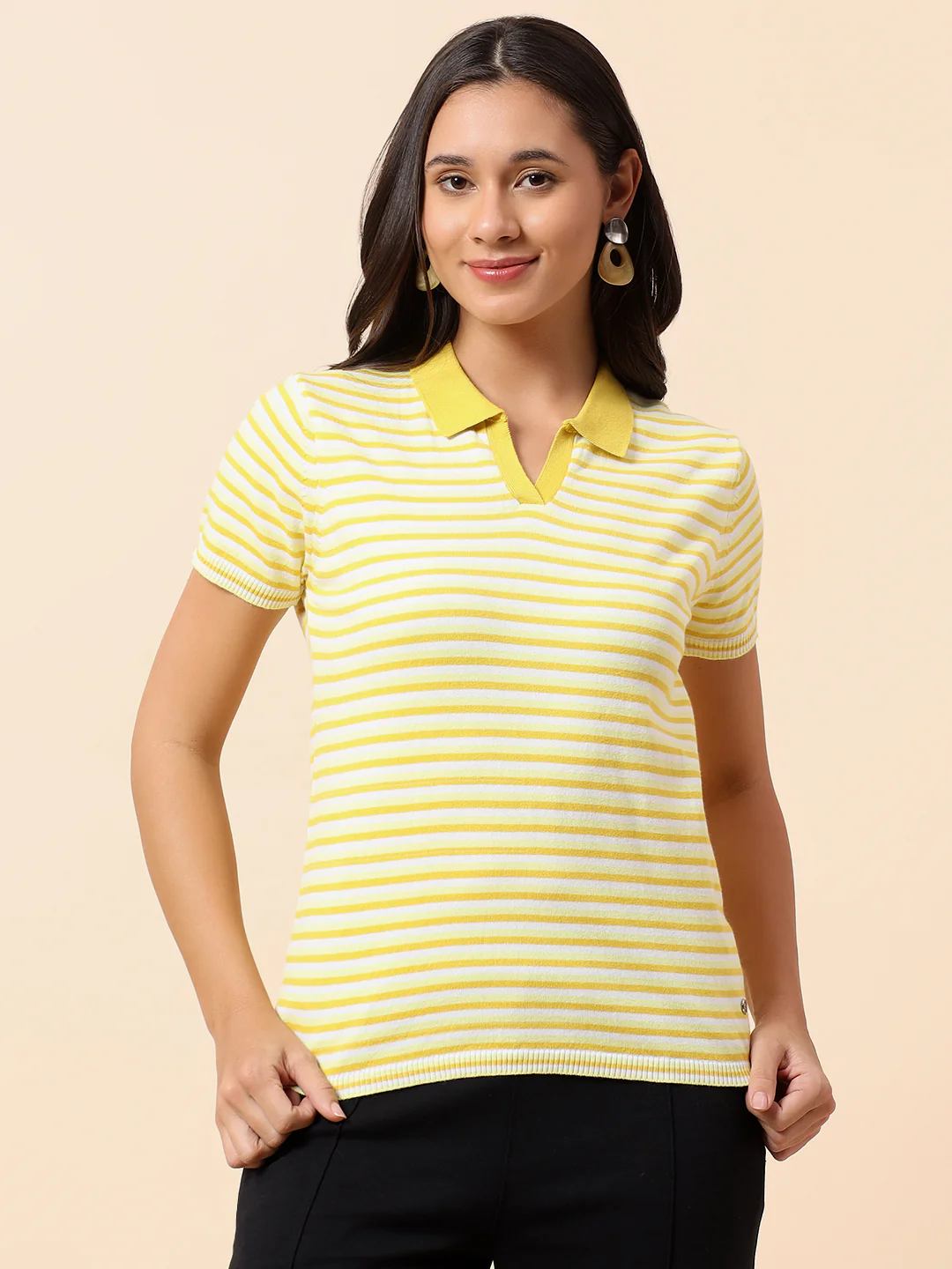 T-Shirt for Women | Breathable & Soft with Color Fastness Regular Fit Polo Neck Cotton Nylon Fabric Striped Pattern - Image 3