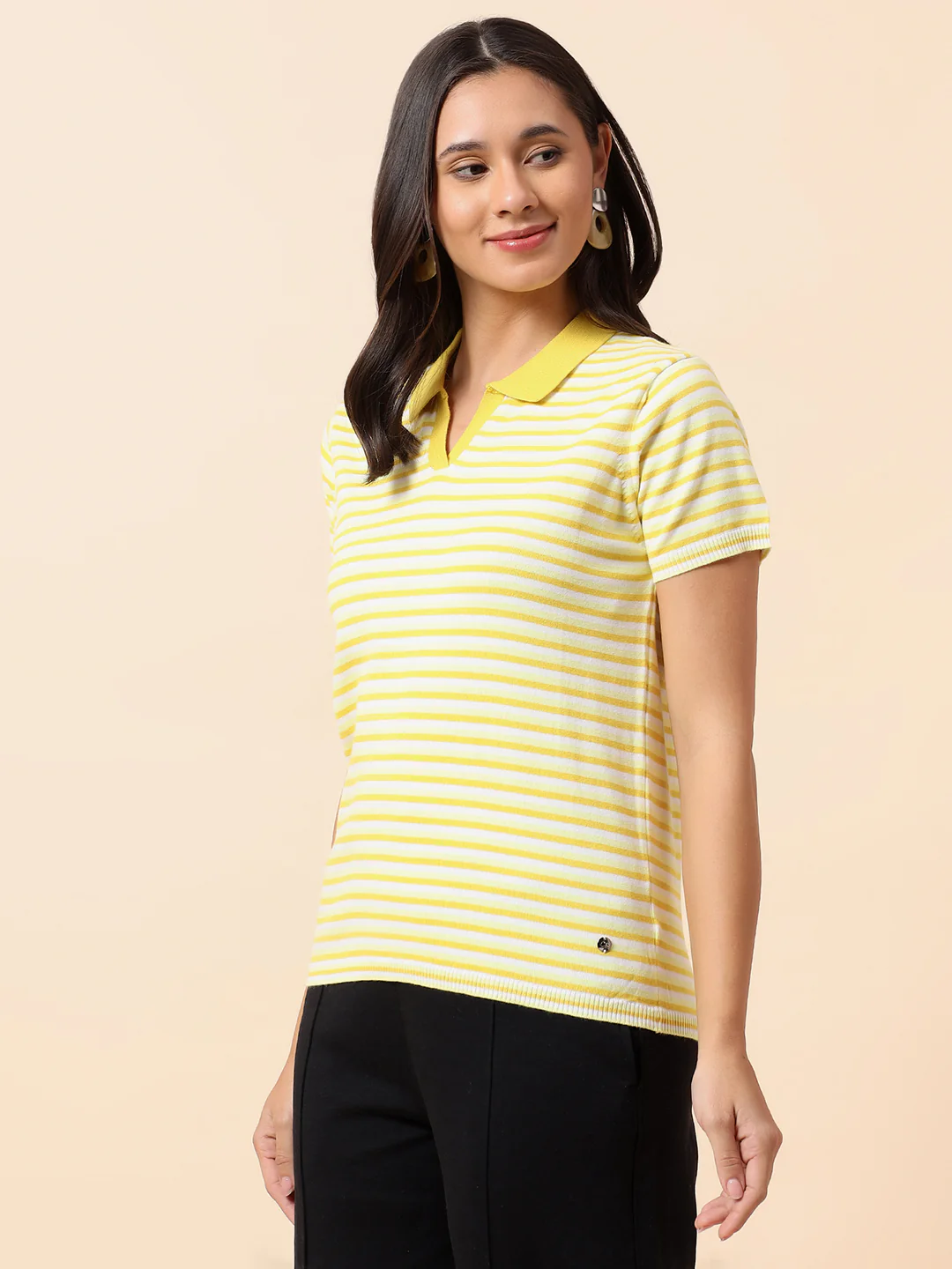 T-Shirt for Women | Breathable & Soft with Color Fastness Regular Fit Polo Neck Cotton Nylon Fabric Striped Pattern - Image 4