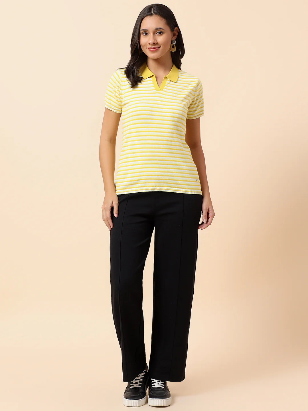 T-Shirt for Women | Breathable & Soft with Color Fastness Regular Fit Polo Neck Cotton Nylon Fabric Striped Pattern - Image 8