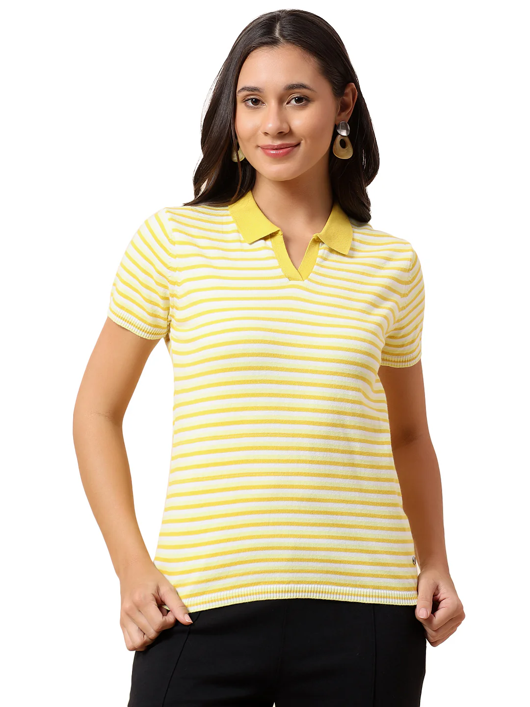 T-Shirt for Women | Breathable & Soft with Color Fastness Regular Fit Polo Neck Cotton Nylon Fabric Striped Pattern - Image 9