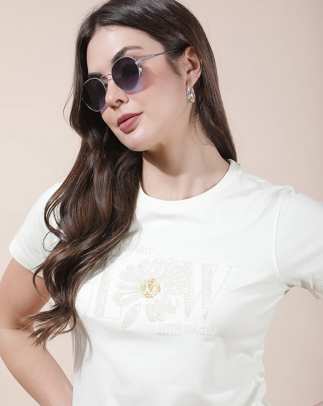 T-Shirt for Women l Breathable & Soft with Color Fastness Regular Fit Round Neck Cotton Blend Fabric Embroidered Pattern - Image 2