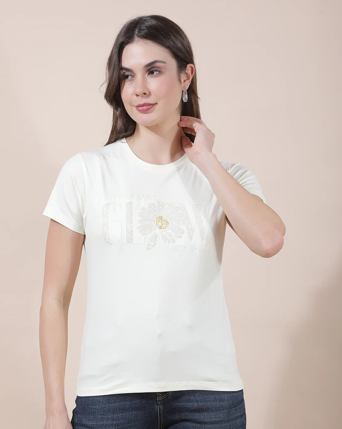 T-Shirt for Women l Breathable & Soft with Color Fastness Regular Fit Round Neck Cotton Blend Fabric Embroidered Pattern - Image 4