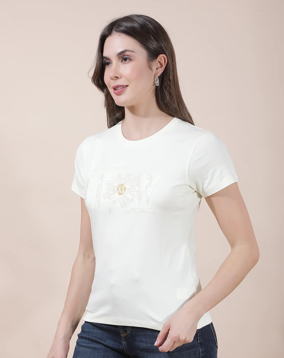 T-Shirt for Women l Breathable & Soft with Color Fastness Regular Fit Round Neck Cotton Blend Fabric Embroidered Pattern - Image 5