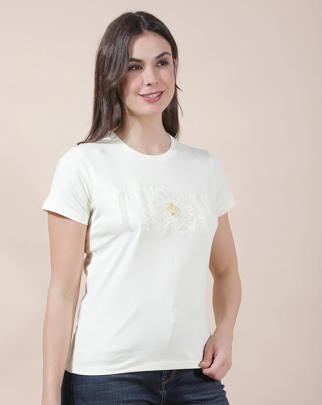 T-Shirt for Women l Breathable & Soft with Color Fastness Regular Fit Round Neck Cotton Blend Fabric Embroidered Pattern - Image 6