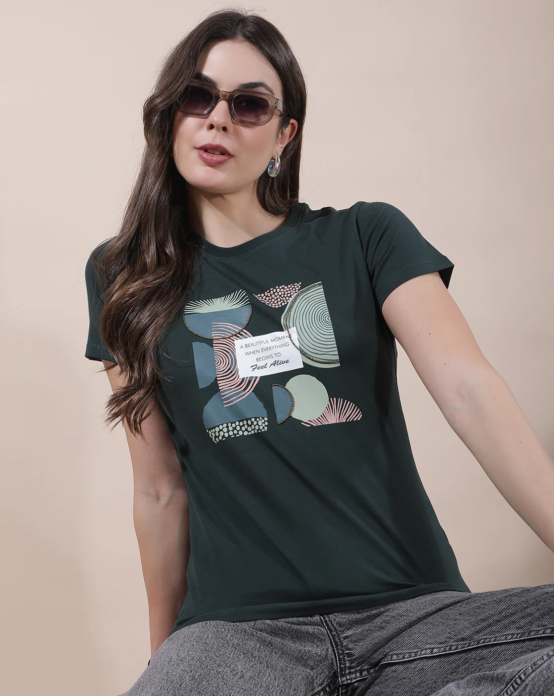 T-Shirt for Women l Breathable & Soft with Color Fastness Regular Fit Round Neck Cotton Blend Fabric Printed Pattern - Image 2