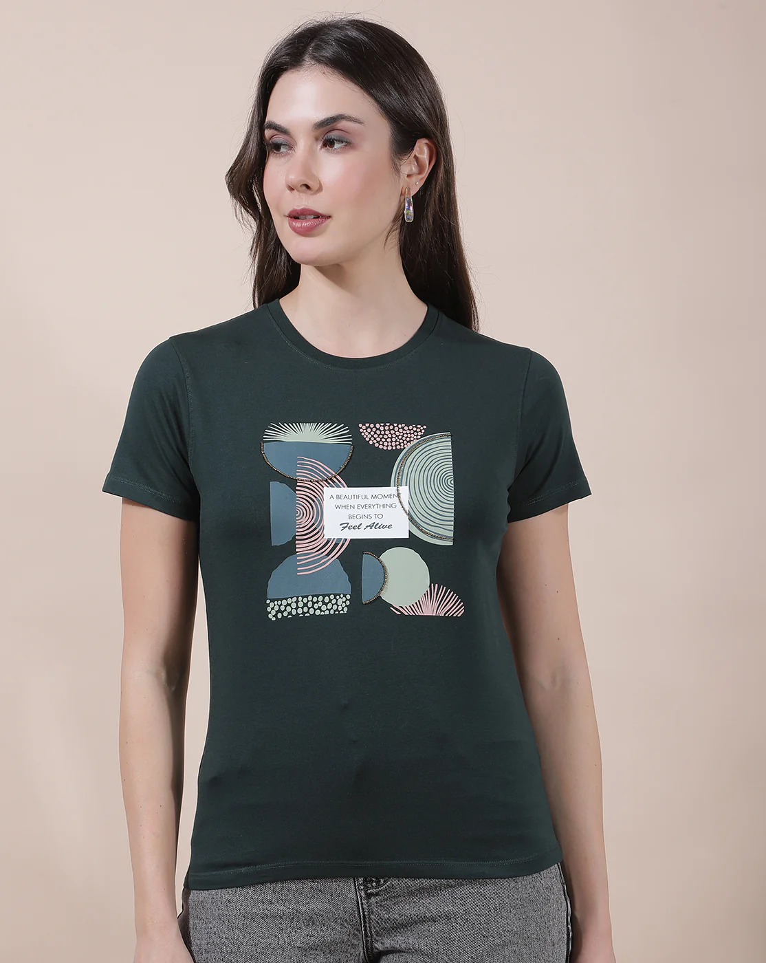 T-Shirt for Women l Breathable & Soft with Color Fastness Regular Fit Round Neck Cotton Blend Fabric Printed Pattern - Image 4