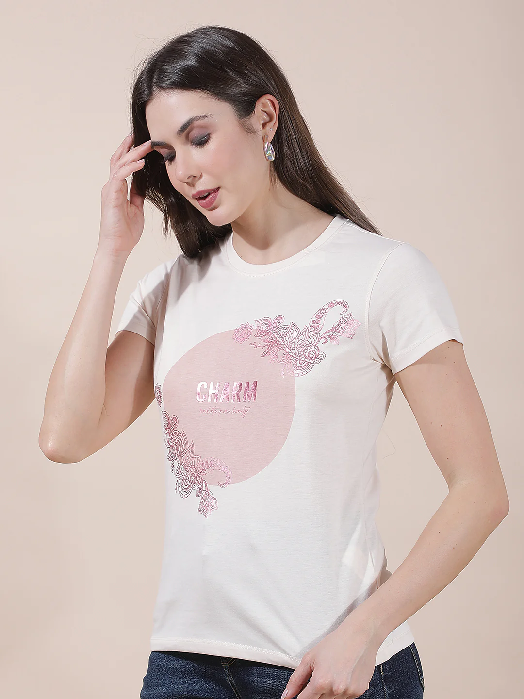 T-Shirt for Women l Breathable & Soft with Color Fastness Regular Fit Round Neck Poly Cotton Fabric Printed Pattern - Image 5