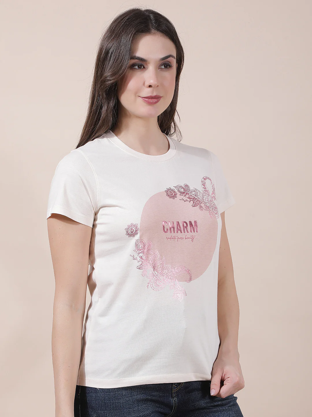 T-Shirt for Women l Breathable & Soft with Color Fastness Regular Fit Round Neck Poly Cotton Fabric Printed Pattern - Image 6