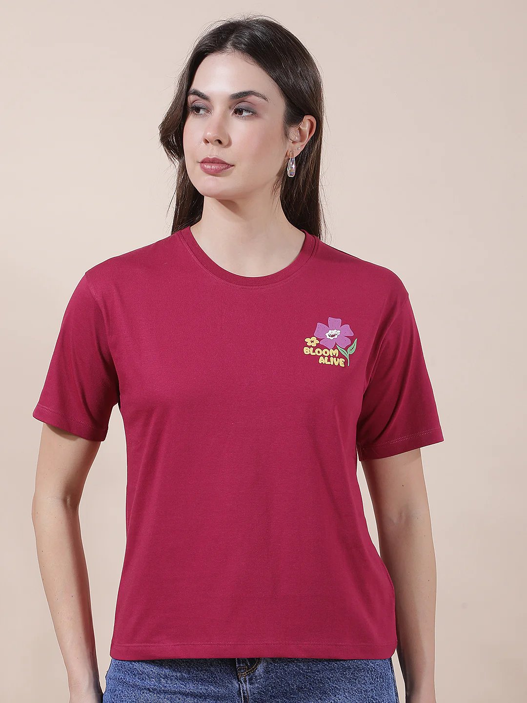 T-Shirt for Women l Breathable & Soft with Color Fastness Regular Fit Round Neck Poly Cotton Fabric Printed Pattern - Image 4
