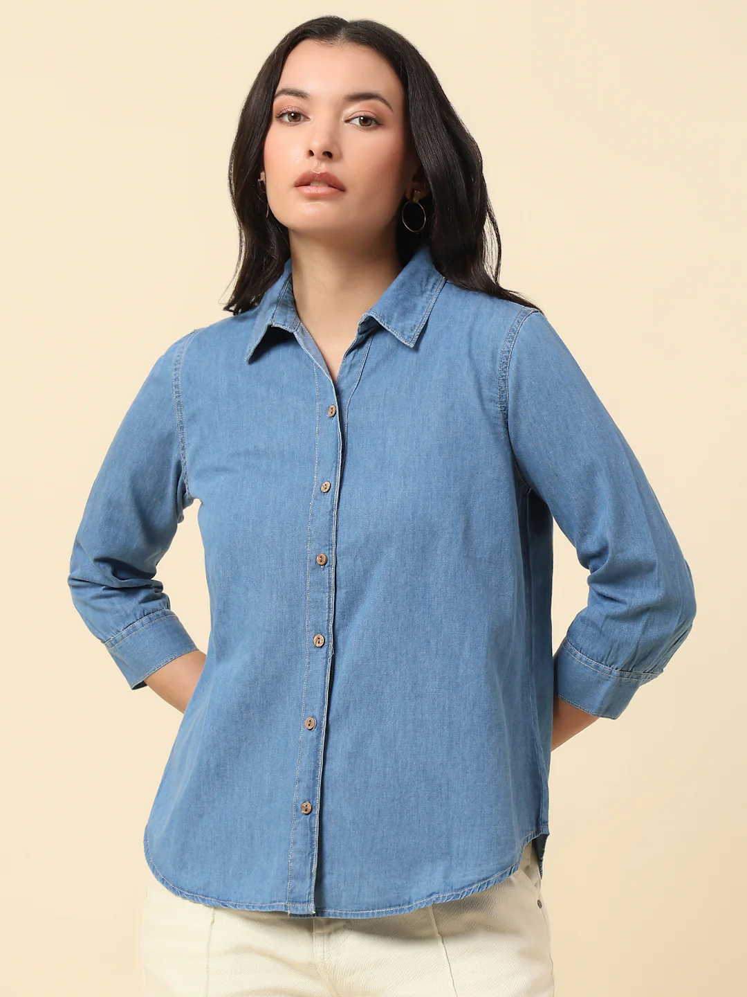 Top for Women | Breathable & Soft with Color Fastness Regular Fit Spread Collar Cotton Fabric Solid Pattern - Image 2