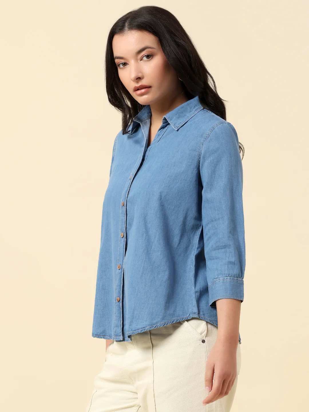 Top for Women | Breathable & Soft with Color Fastness Regular Fit Spread Collar Cotton Fabric Solid Pattern - Image 3