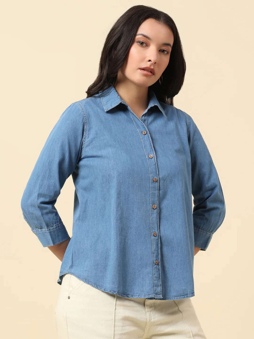 Top for Women | Breathable & Soft with Color Fastness Regular Fit Spread Collar Cotton Fabric Solid Pattern - Image 4