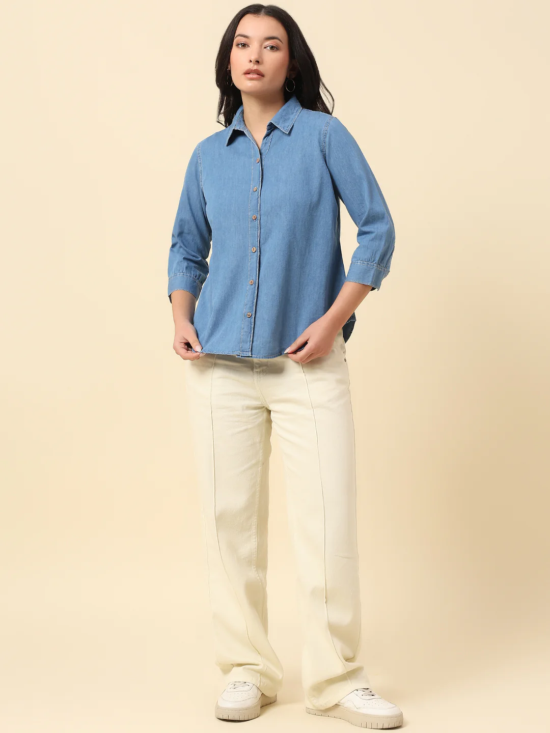 Top for Women | Breathable & Soft with Color Fastness Regular Fit Spread Collar Cotton Fabric Solid Pattern - Image 7