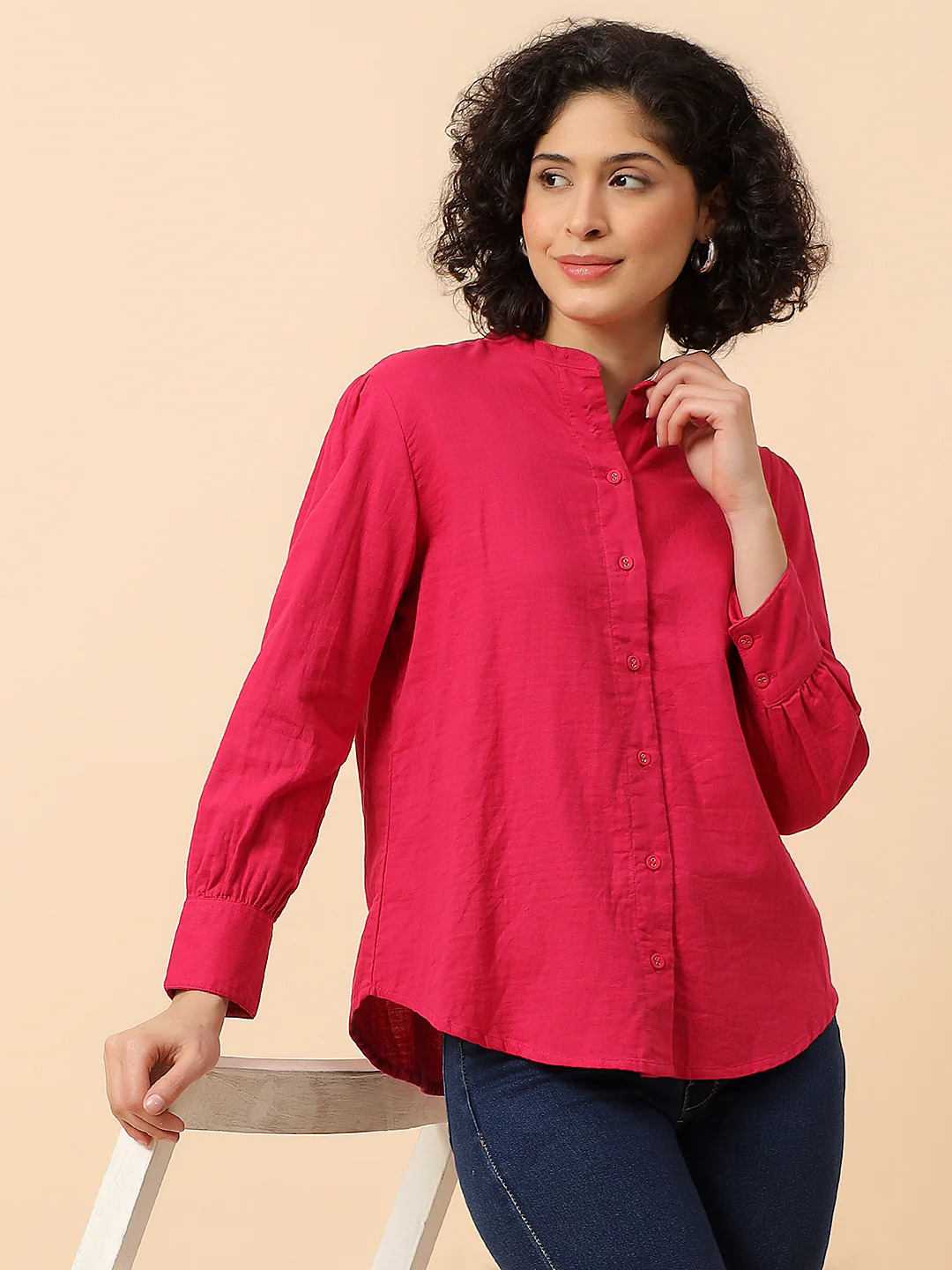 Top for Women | Breathable & Soft with Color Fastness Regular Fit Mandarin Collar Cotton Fabric Solid Pattern - Image 2