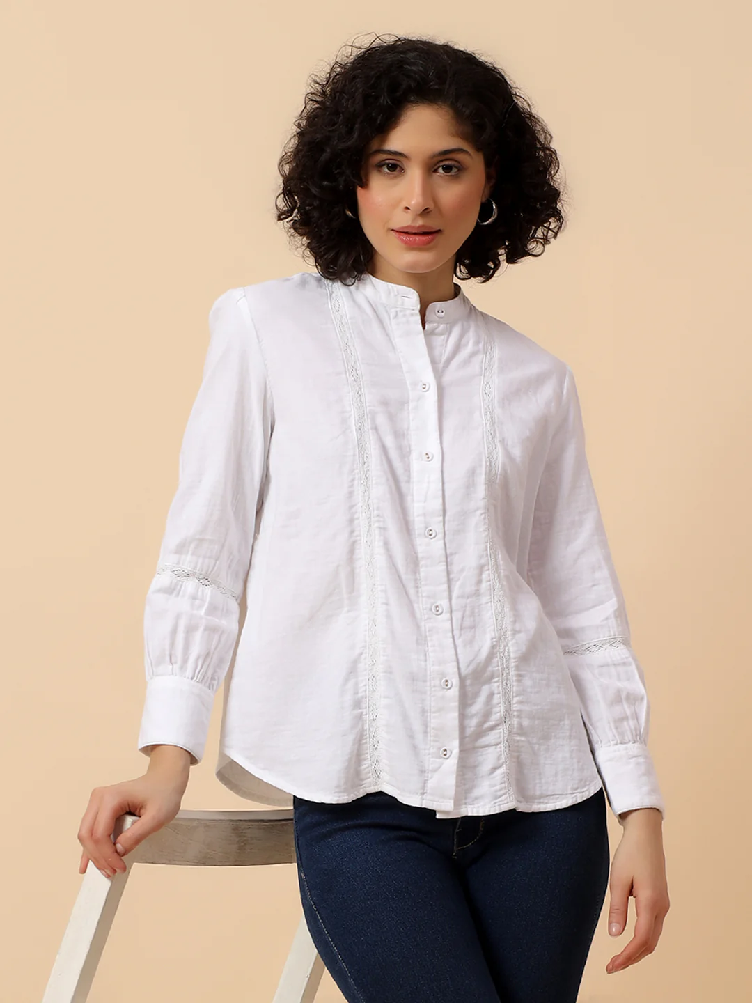 Top for Women | Breathable & Soft with Color Fastness Regular Fit Mandarin Collar Cotton Fabric Solid Pattern - Image 2