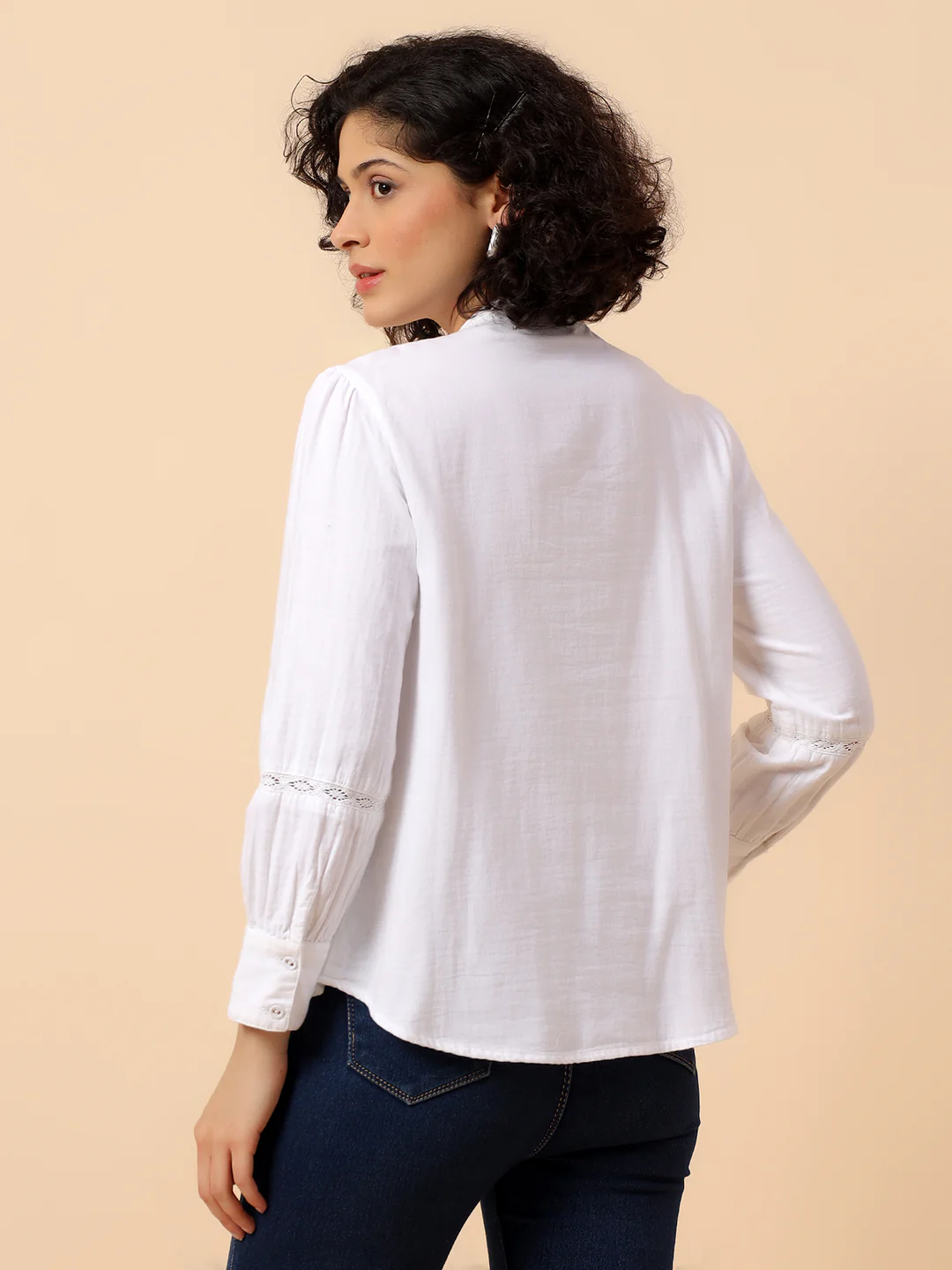 Top for Women | Breathable & Soft with Color Fastness Regular Fit Mandarin Collar Cotton Fabric Solid Pattern - Image 3