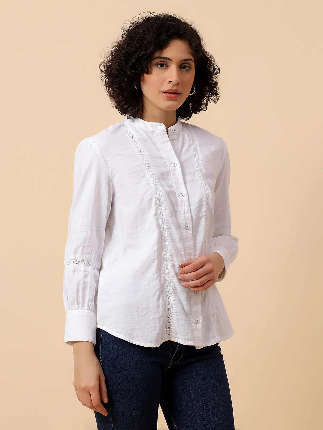 Top for Women | Breathable & Soft with Color Fastness Regular Fit Mandarin Collar Cotton Fabric Solid Pattern - Image 7
