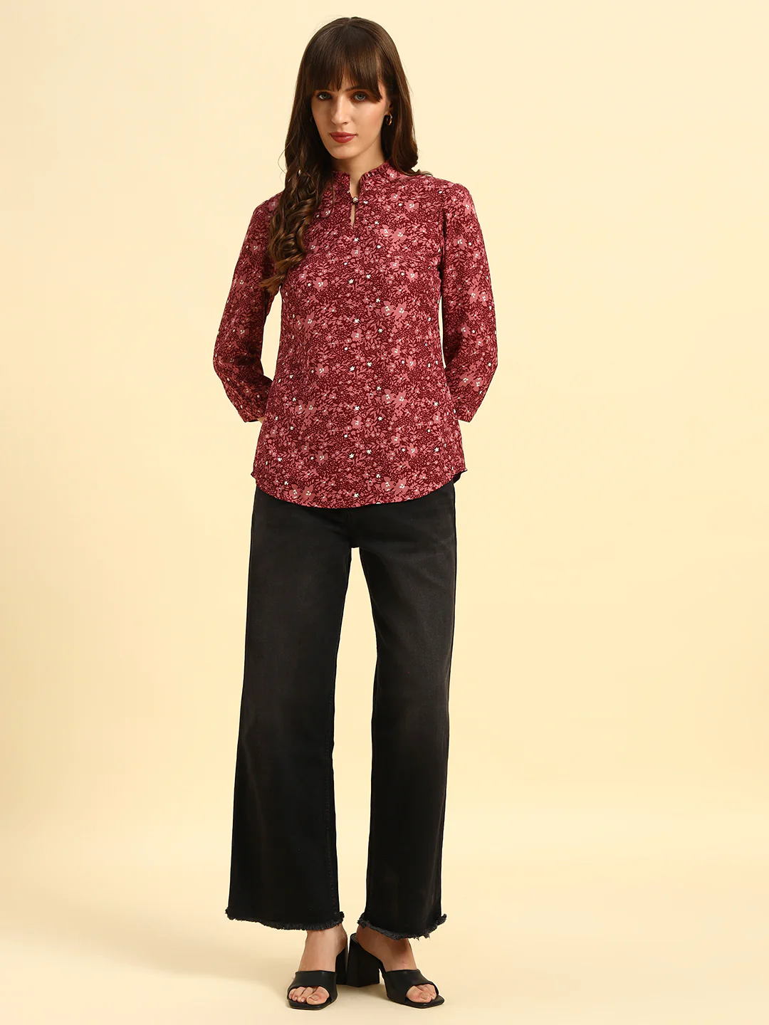 Top for Women | Breathable & Soft with Color Fastness Regular Fit Mandarin Collar Poly Cotton Fabric Printed Pattern - Image 2