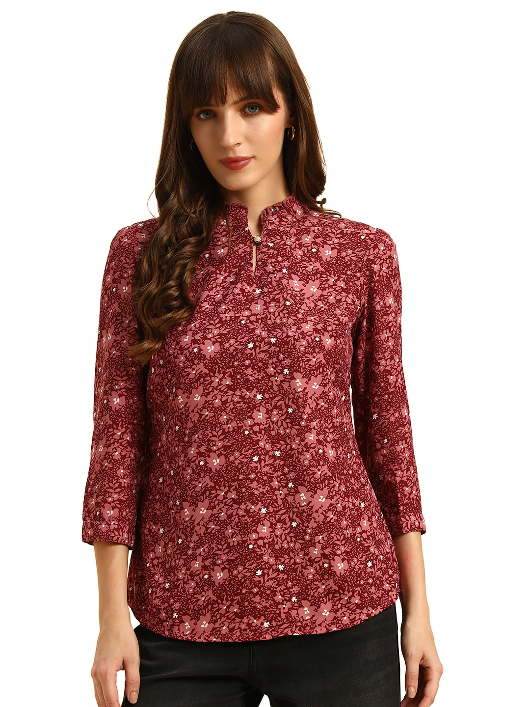 Top for Women | Breathable & Soft with Color Fastness Regular Fit Mandarin Collar Poly Cotton Fabric Printed Pattern - Image 3
