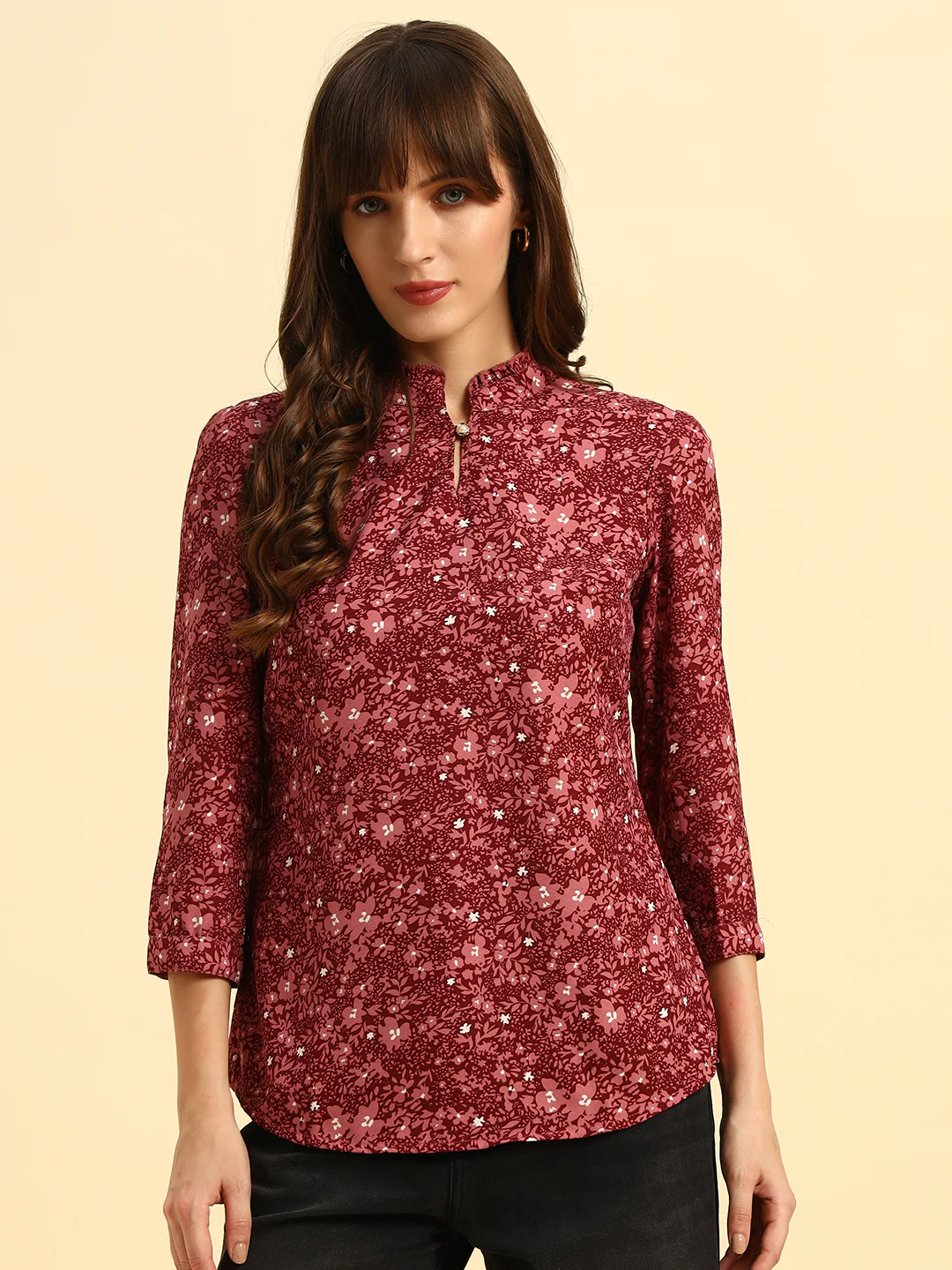 Top for Women | Breathable & Soft with Color Fastness Regular Fit Mandarin Collar Poly Cotton Fabric Printed Pattern - Image 4