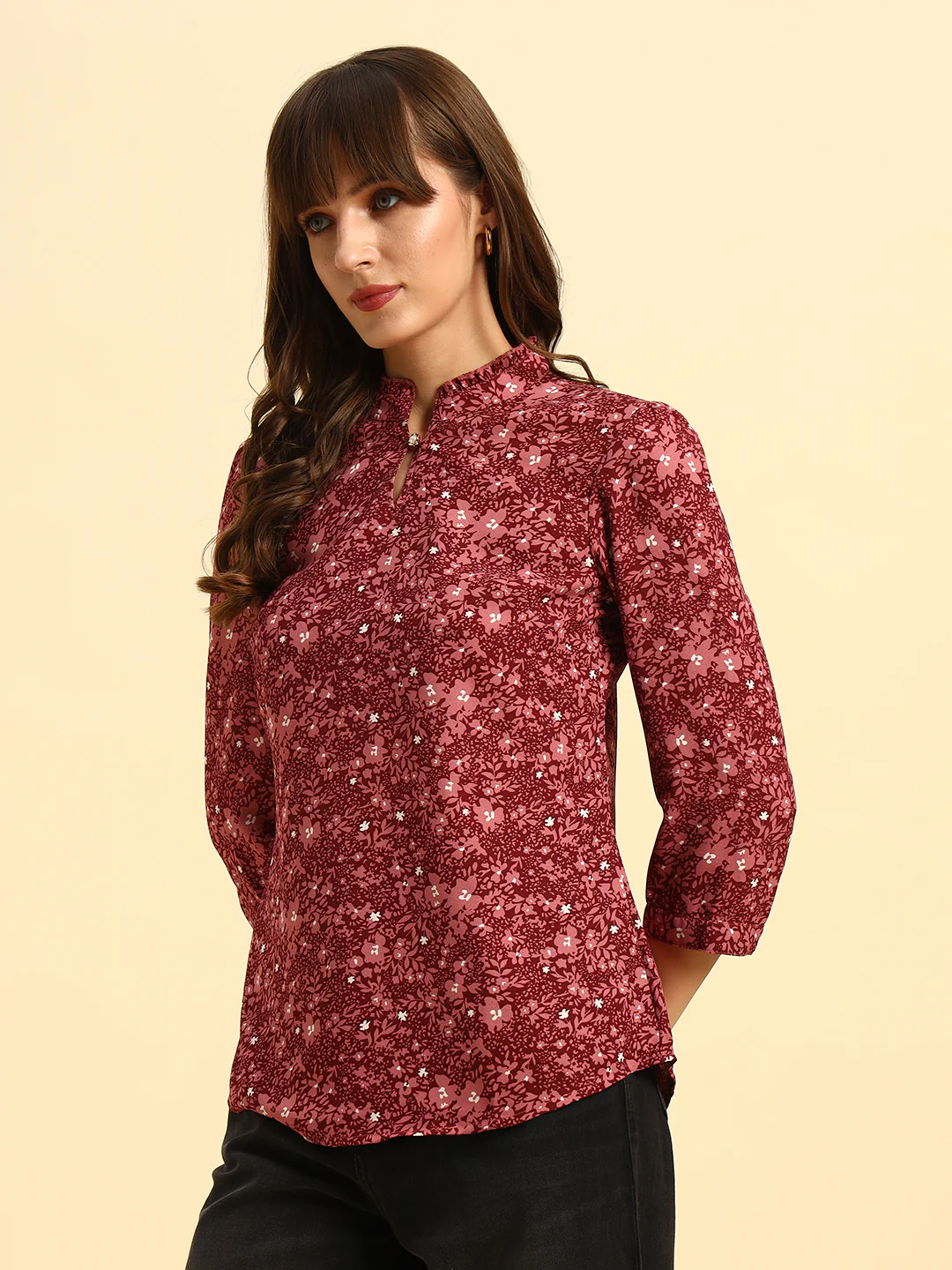 Top for Women | Breathable & Soft with Color Fastness Regular Fit Mandarin Collar Poly Cotton Fabric Printed Pattern - Image 5