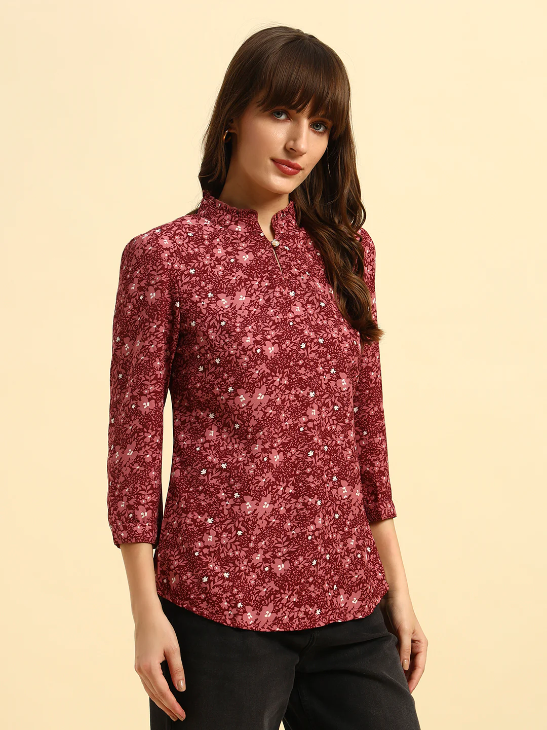 Top for Women | Breathable & Soft with Color Fastness Regular Fit Mandarin Collar Poly Cotton Fabric Printed Pattern - Image 6