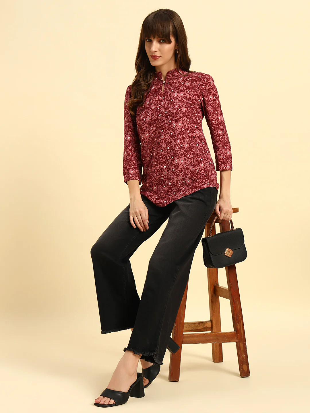 Top for Women | Breathable & Soft with Color Fastness Regular Fit Mandarin Collar Poly Cotton Fabric Printed Pattern - Image 8