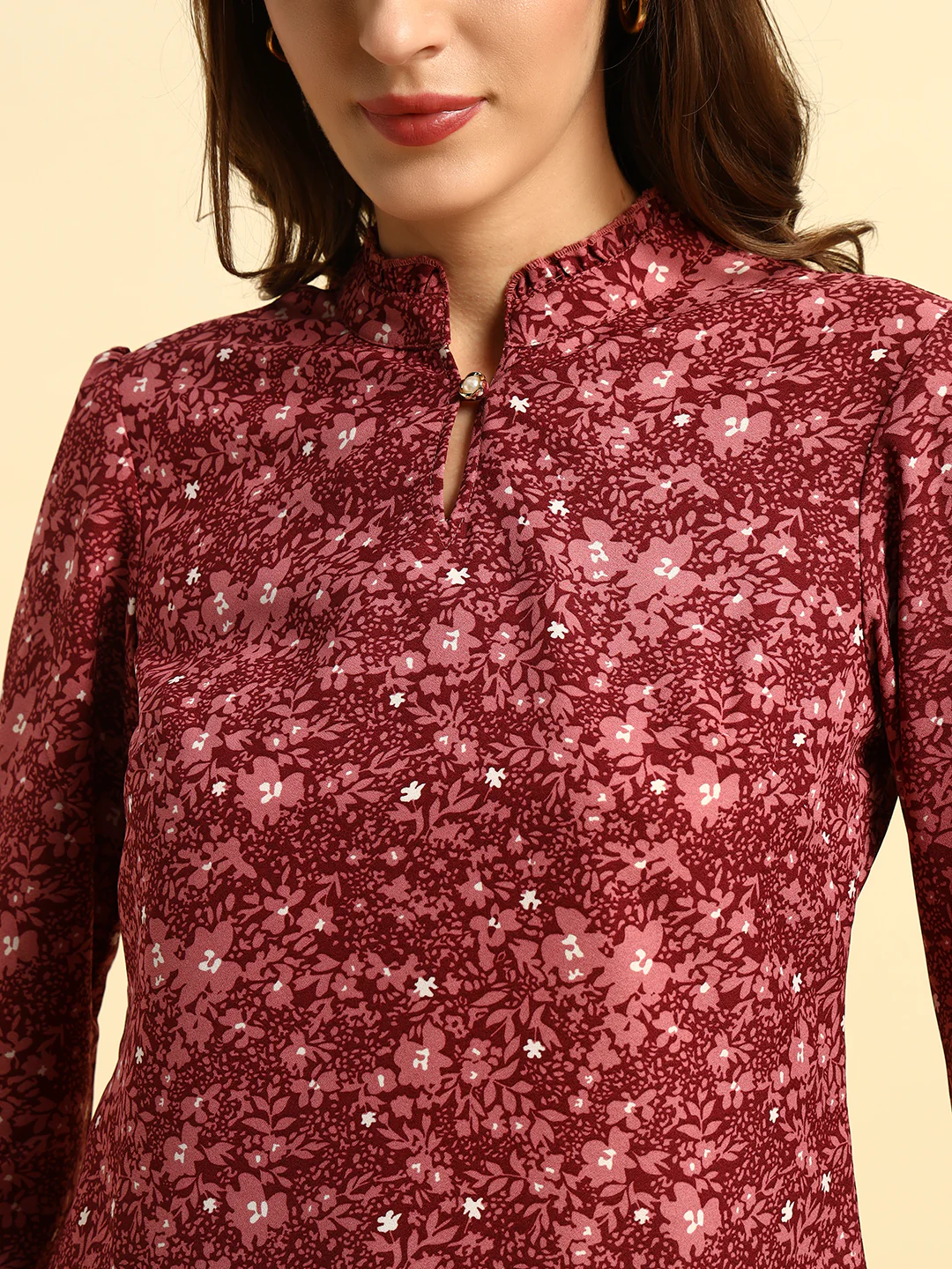 Top for Women | Breathable & Soft with Color Fastness Regular Fit Mandarin Collar Poly Cotton Fabric Printed Pattern - Image 9