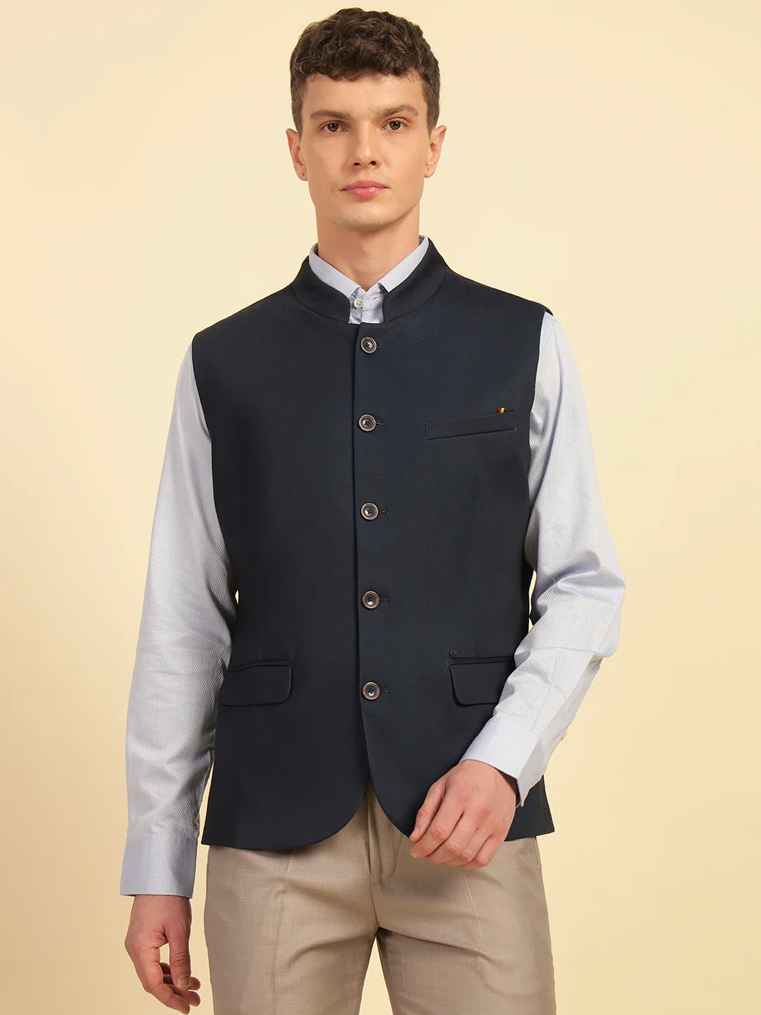 Waist Coat for Men | Premium Casual Waist Coat Regular Fit Mandarin Collar Cotton Fabric Self Design Pattern - Image 3