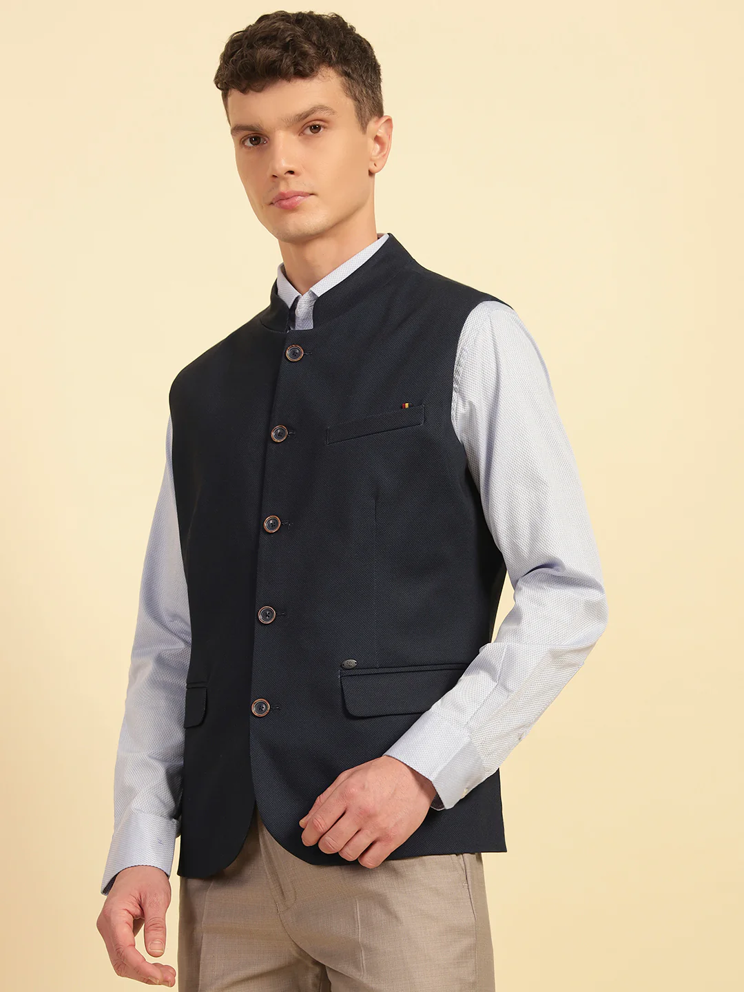 Waist Coat for Men | Premium Casual Waist Coat Regular Fit Mandarin Collar Cotton Fabric Self Design Pattern - Image 4