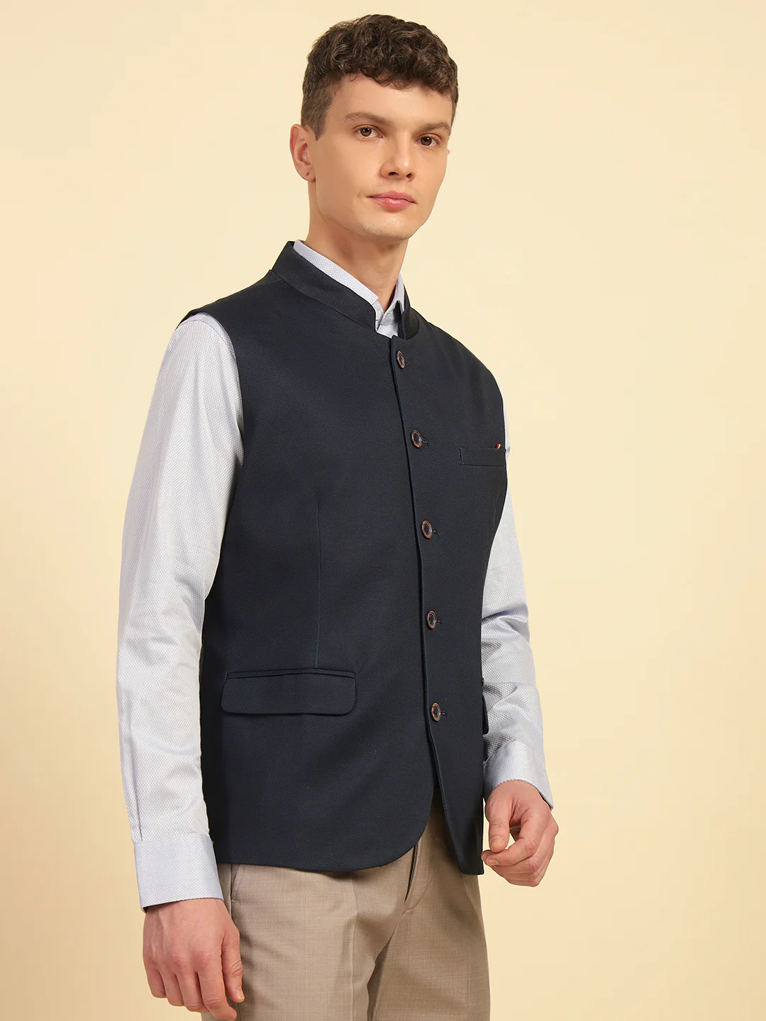 Waist Coat for Men | Premium Casual Waist Coat Regular Fit Mandarin Collar Cotton Fabric Self Design Pattern - Image 5
