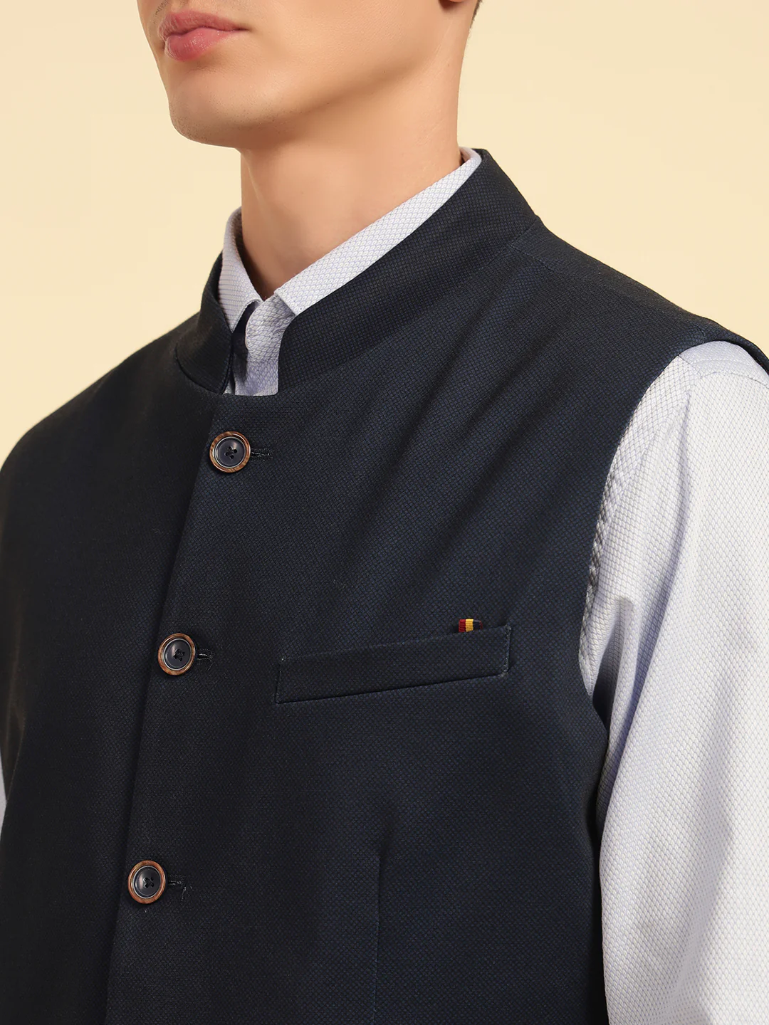 Waist Coat for Men | Premium Casual Waist Coat Regular Fit Mandarin Collar Cotton Fabric Self Design Pattern - Image 6