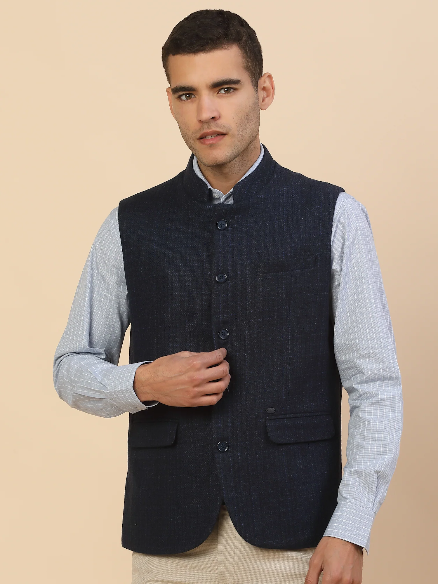 Waist Coat for Men l Premium Formal Waist Coat Slim Fit Band Collar Wool Blend Fabric Self Design Pattern - Image 2